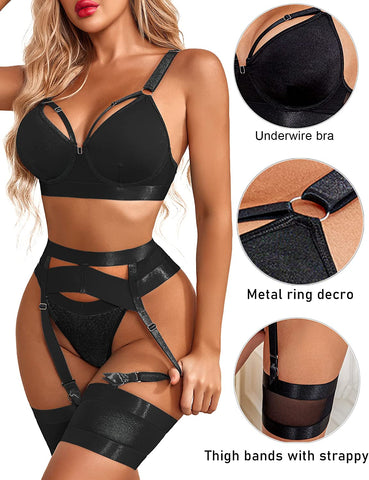 Avidlove Dessous-Set für mit Bügel Riemchen-Dessous Push Up 5-teiliges Dessous-Set mit Strumpfhalter 