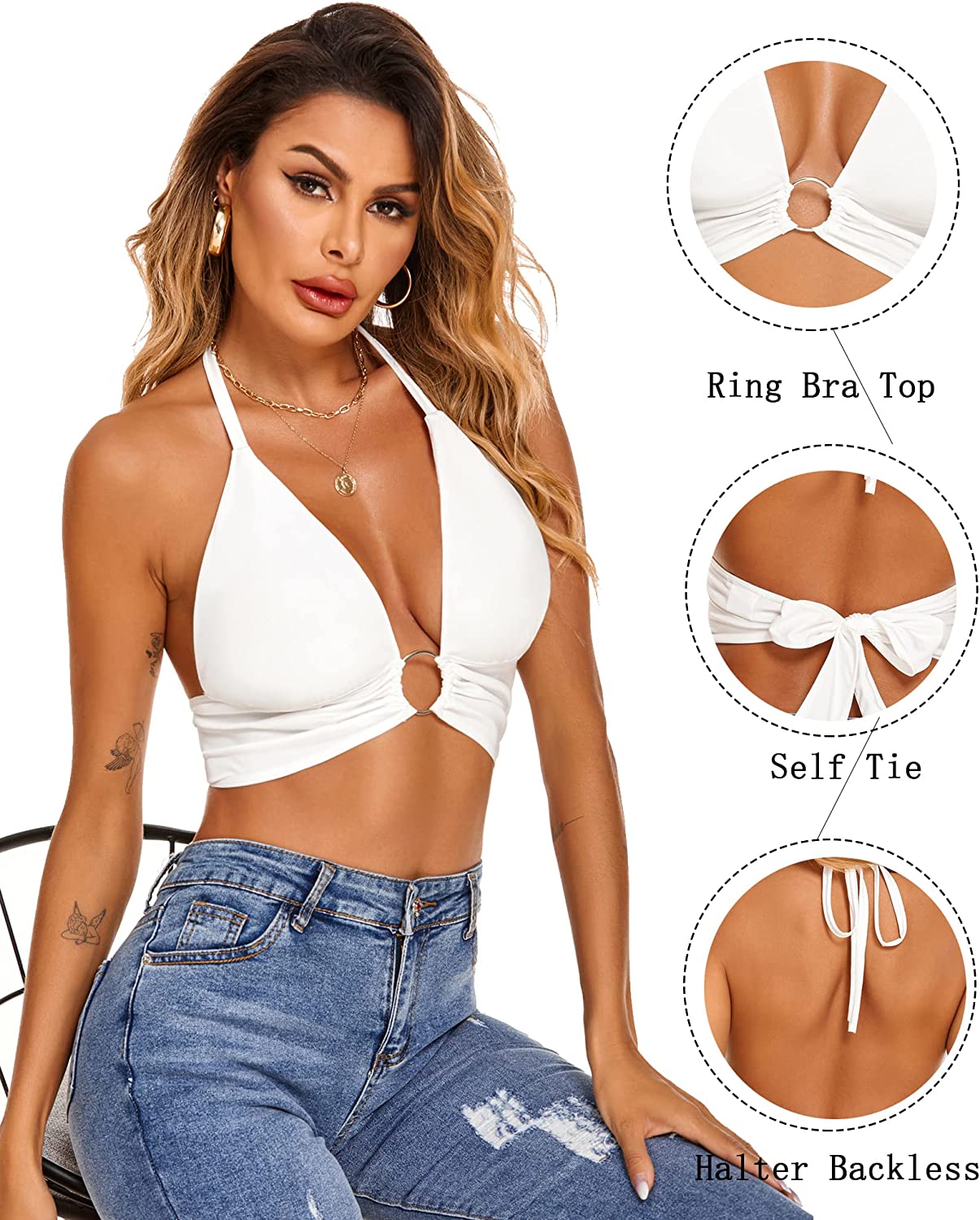 Avidlove Deep V Neck Tank Tops for Knot Tie Halter Backless Crop Tops Sleeveless Plunging Tops with Ring