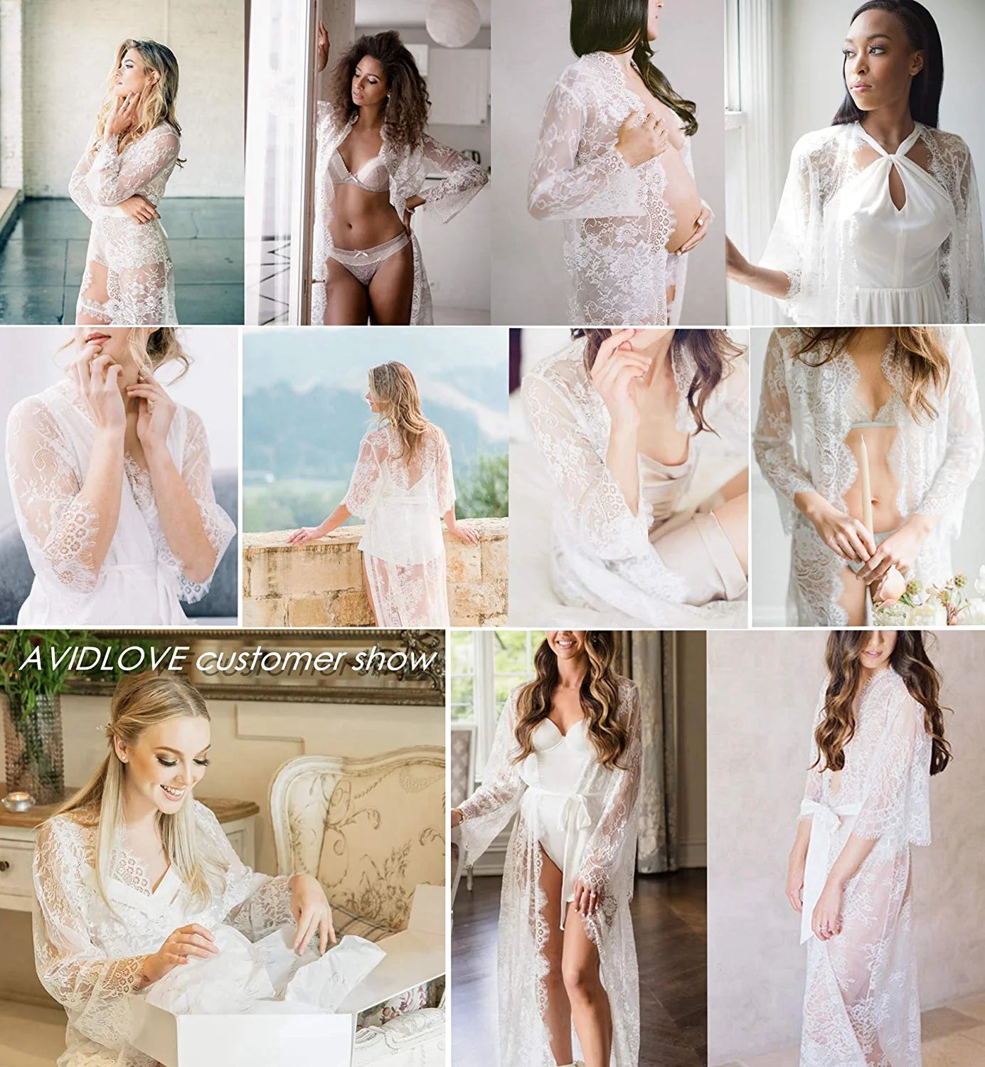 Avidlove - Camisón tipo kimono de encaje largo transparente para mujer 