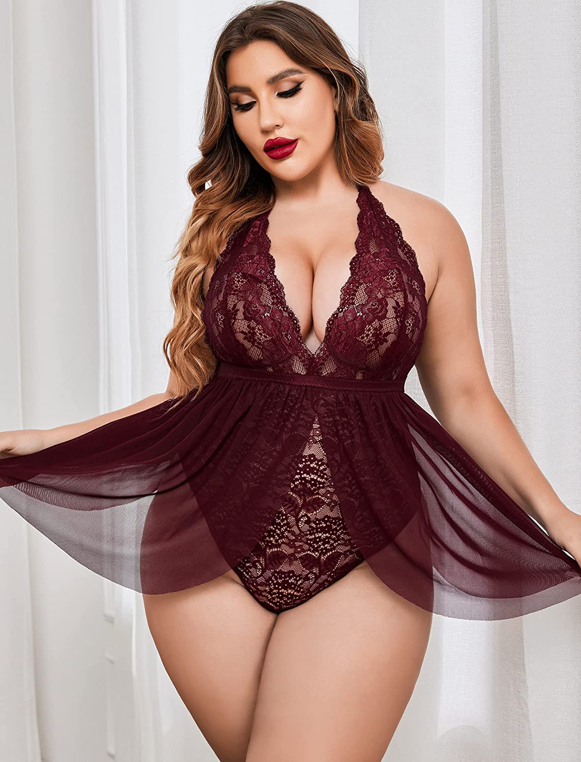 Lencería Babydoll de talla grande Avidlove con entrepierna a presión y encaje, camisón de malla con escote halter, 14-24 W 