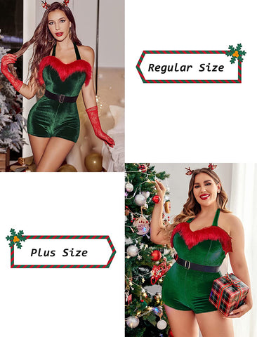 Avidlove Weihnachtsmann-Kostüm, Samt-Strampler, Weihnachts-Shorts, Bodysuit, Dessous mit Gürtel 