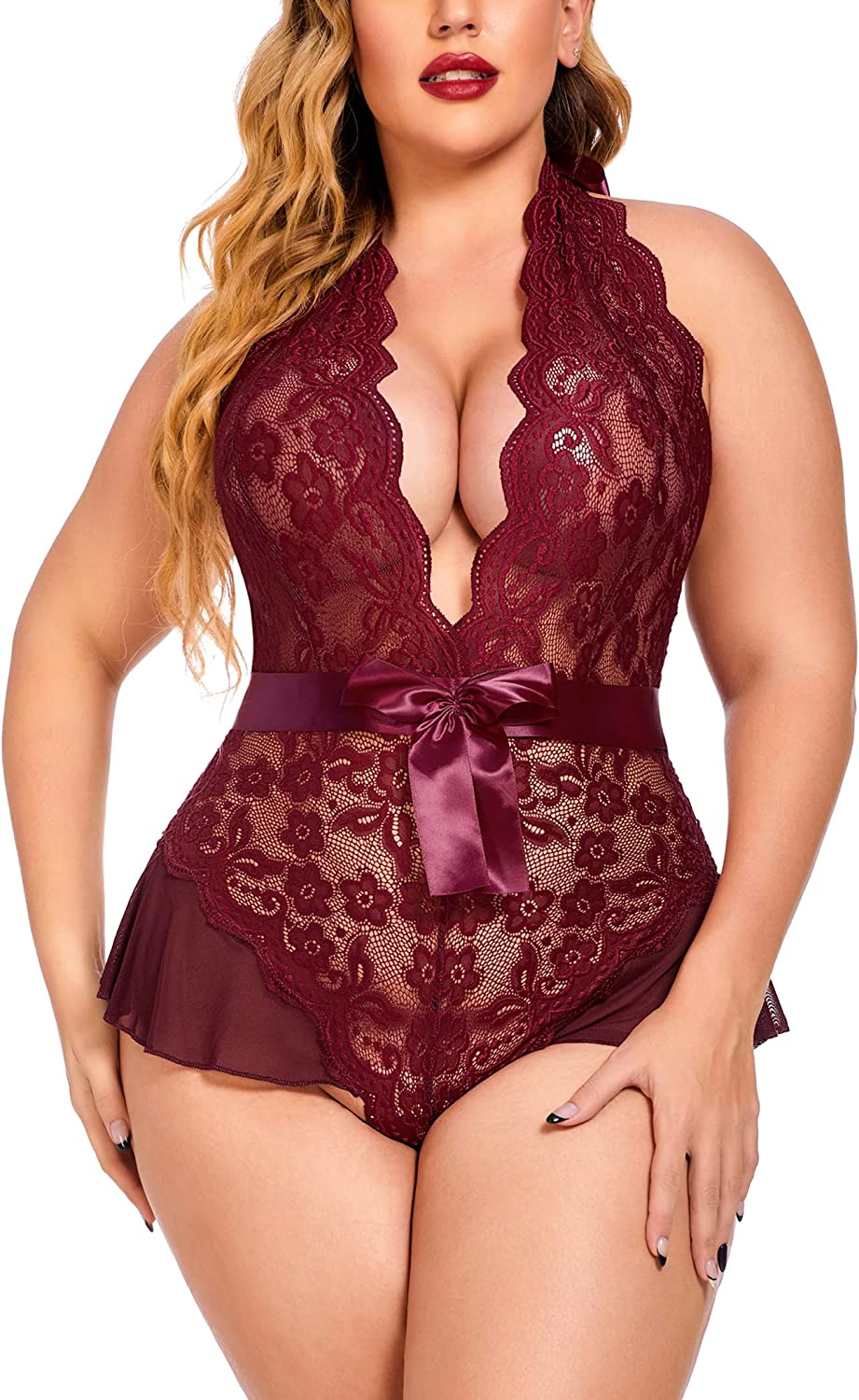 Lencería de talla grande Avidlove para escote en V profundo, lencería tipo body de encaje con cuello halter, babydoll 