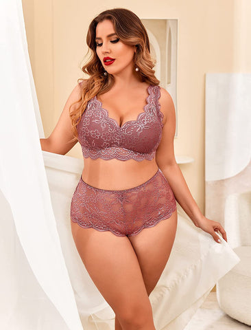 Conjunto de lencería de talla grande Avidlove con encaje, bralette con cuello halter y bragas de cintura alta 