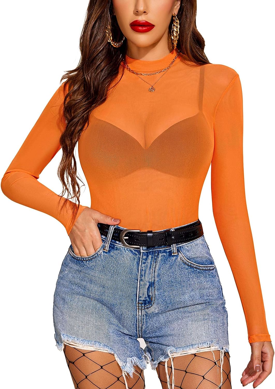 Avidlove Mesh-Top, Netz-Crop-Top für lange Ärmel, Stehkragen, S-XXL 