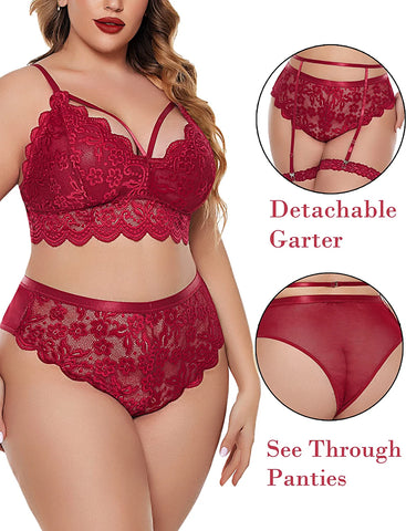 Avidlove Dessous in Übergröße für florale Spitzen-BHs mit Muschelsaum, hohe Taille, Höschen-Set mit Strumpfband