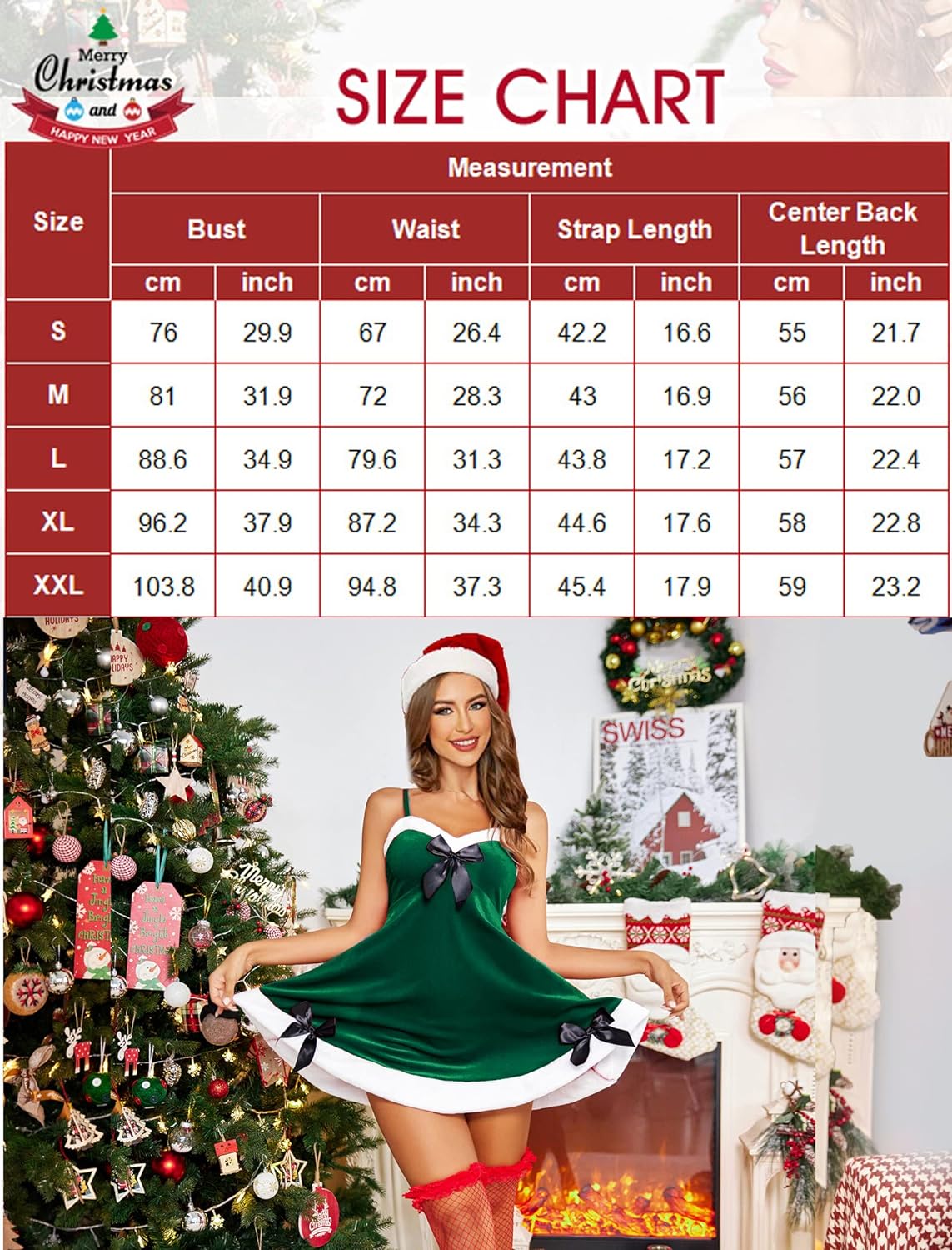 Avidlove Weihnachts-Dessous, Samt-Babydoll-Dessous, Weihnachtsmann-Dessous mit V-Ausschnitt 