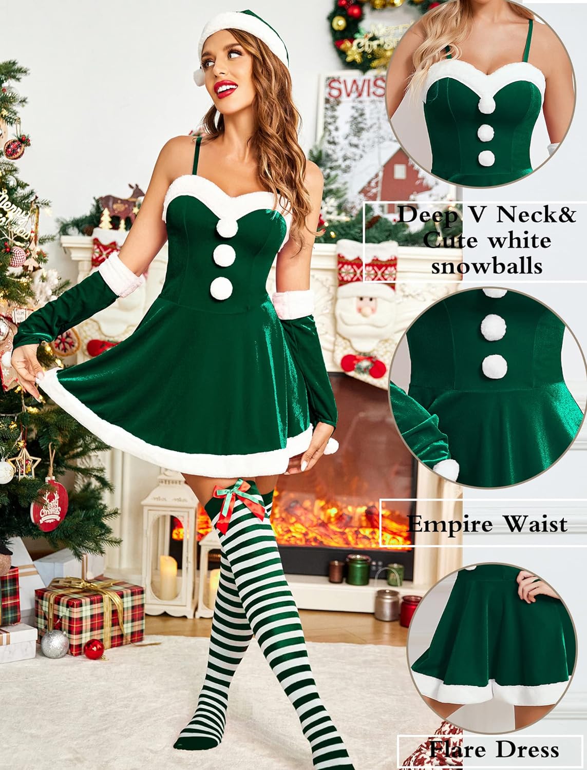 Avidlove 4 Pcs Mrs. Santa Claus Cosplay Christmas Dress Holiday Santa Outfit