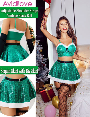 Avidlove Weihnachts-Dessous-Set, Weihnachtsmann-Dessous, Pailletten-Kostüm, Nachtwäsche 