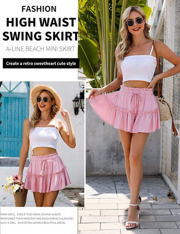 Avidlove Summer High Waist Ruffle Short Skirt A-Line Beach Mini Skirts with Drawstring