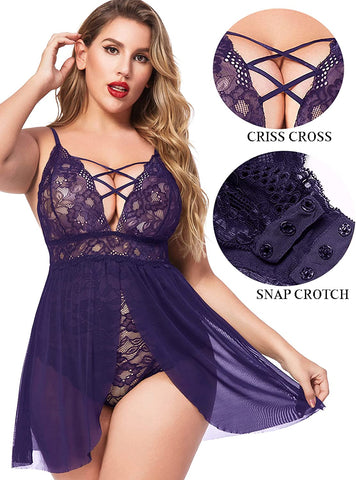 Avidlove Plus Size Babydoll Snap Crotch Lingerie V Neck Lace Nighty Sleepwear L-4XL