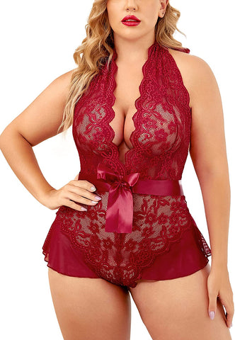 Lencería de talla grande Avidlove para escote en V profundo, lencería tipo body de encaje con cuello halter, babydoll 