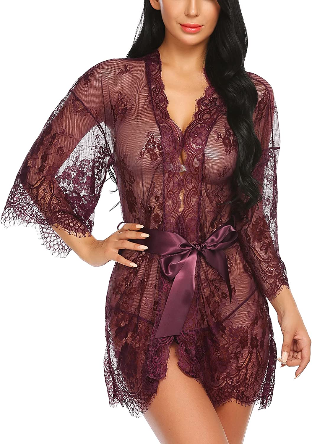 Avidlove Lace Kimono Robe Babydoll Lingerie Mesh Nightgown S-5XL