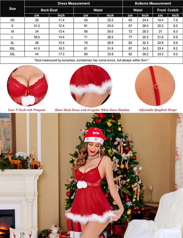 Lencería navideña Avidlove Babydoll rojo de Papá Noel, camisón de encaje, vestido de dormir, vestidos navideños para mujer 