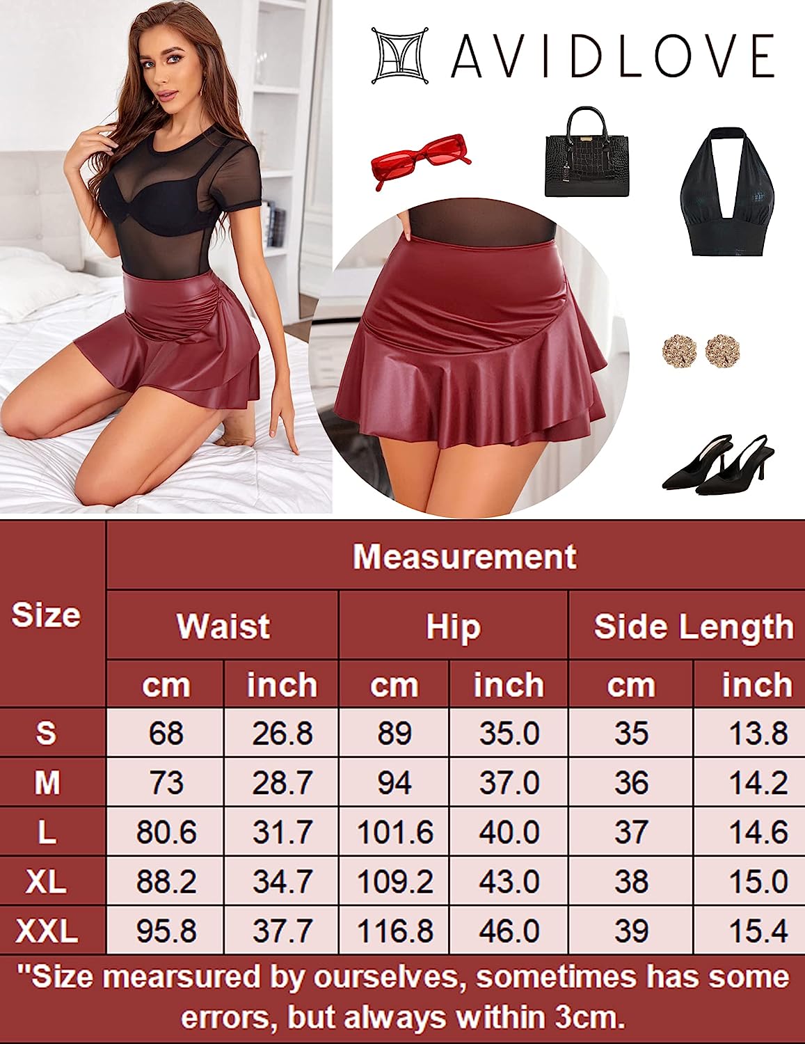 Avidlove Leather Mini Skirt Pleated Skirt High Waist Ruffled Short Skirts Mini Lingerie Skirt with Zipper