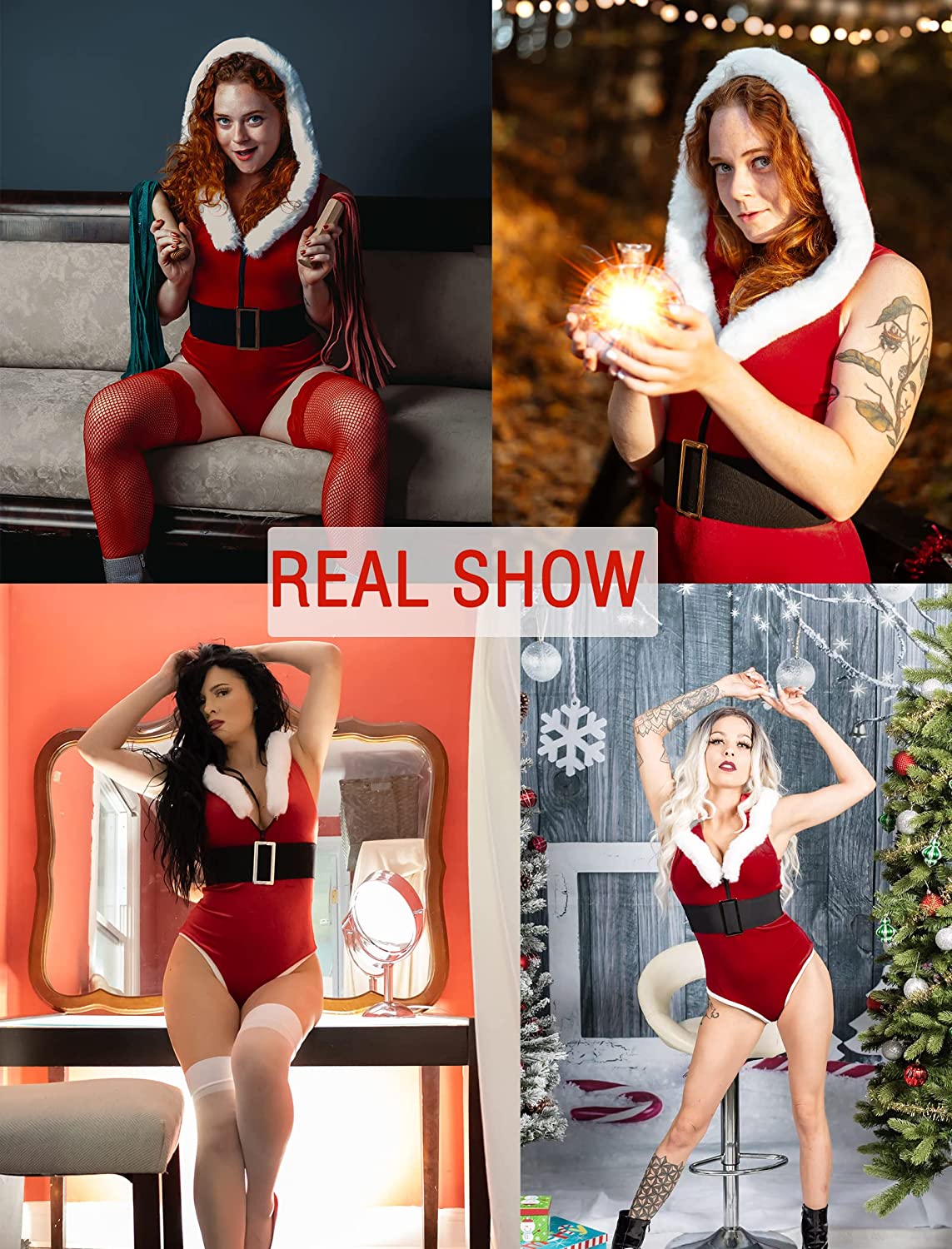 Avidlove Weihnachts-Dessous mit Druckknopf im Schritt, Teddy-Body mit Kapuze, Weihnachtsmann-Body mit Gürtel 