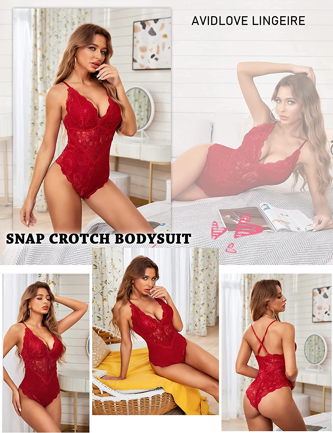 Avidlove Dessous mit Druckknopfverschluss im Schritt, Spitzen-Bodysuit, tiefer V-Ausschnitt, Teddy, einteilig, Spitzen-Babydoll 