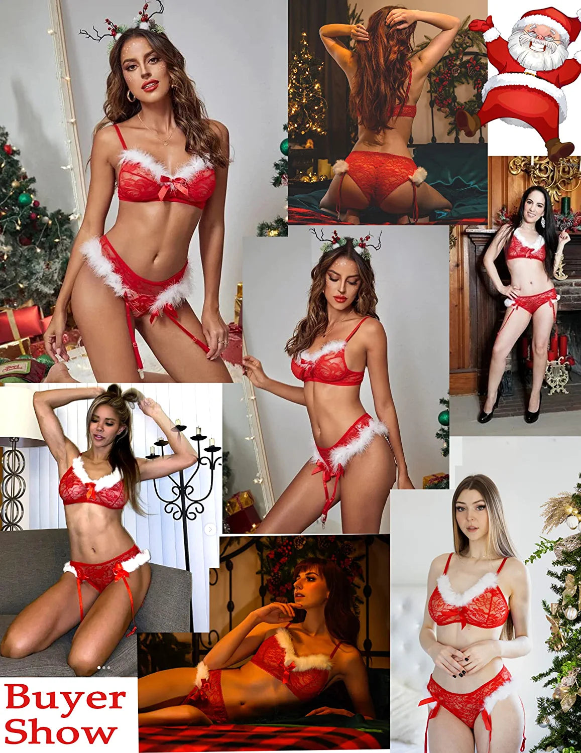 Avidlove Weihnachtsdessous, zweiteilig, Weihnachtsmann-BH und Höschen mit Strumpfhalter-Set, rotes Spitzen-Babydoll 