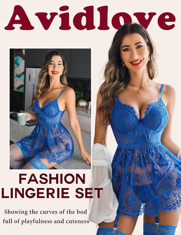 Lencería Avidlove para ropa de dormir tipo babydoll de encaje con liguero, vestido lencero tallas S a XXL