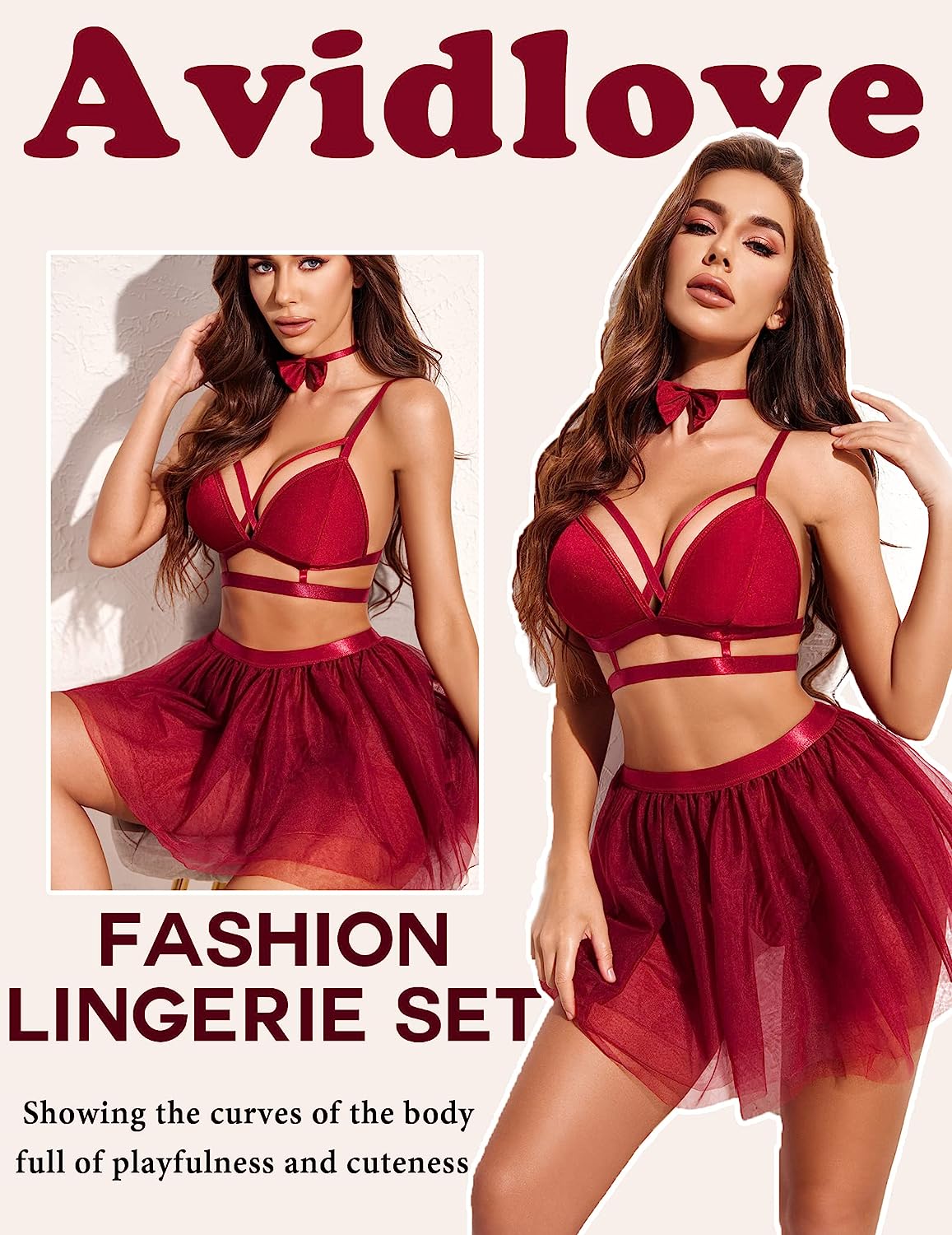 Avidlove Dessous für Riemchen-Dessous mit Rock-Set, abnehmbarer Choker, Nachtwäsche, S-XXL 