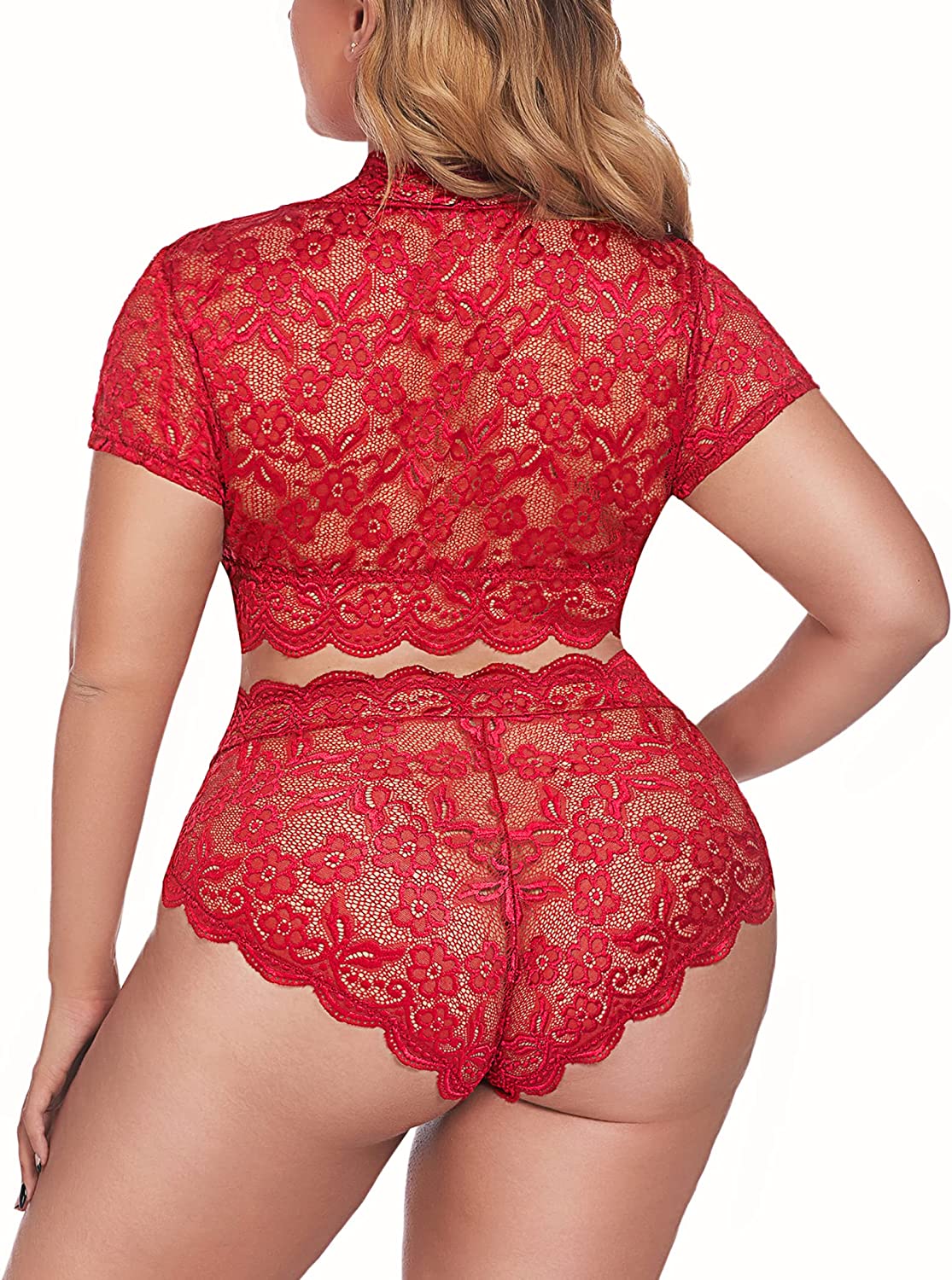 Avidlove Dessous in Übergröße, Plus-Size-Dessous-Set mit floraler Spitze und Muschelsaum, tiefer V-Ausschnitt, durchgehender Spitzen-BH und Höschen-Set, Clubwear 