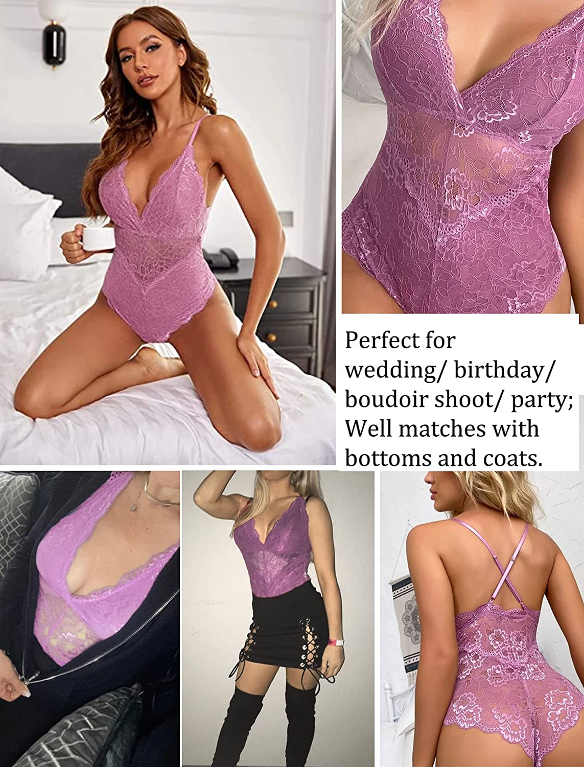 Avidlove Dessous mit Druckknopfverschluss im Schritt, Spitzen-Bodysuit, tiefer V-Ausschnitt, Teddy, einteilig, Spitzen-Babydoll 