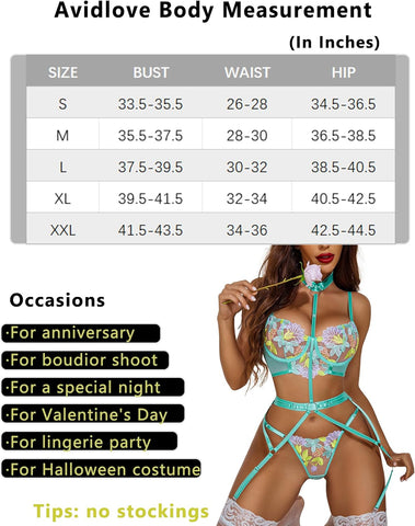 Avidlove Lingerie für bestickte Spitzen-Bügel-Riemchen-BH und Höschen-Set mit abnehmbarem Strumpfband 