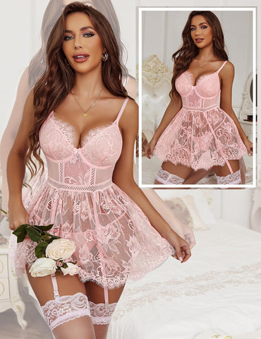 Lencería Avidlove para ropa de dormir tipo babydoll de encaje con liguero, vestido lencero tallas S a XXL