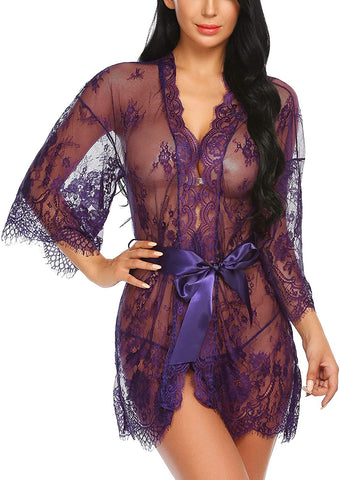 Avidlove - Bata tipo kimono de encaje, lencería tipo babydoll, camisón de malla, tallas S a 5XL 