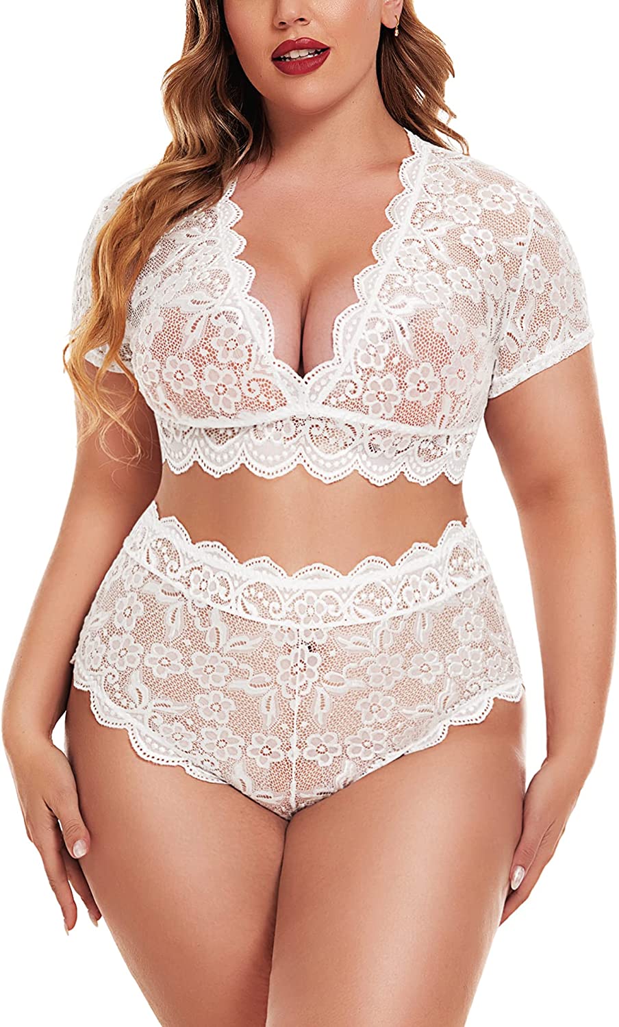 Avidlove Dessous in Übergröße, Plus-Size-Dessous-Set mit floraler Spitze und Muschelsaum, tiefer V-Ausschnitt, durchgehender Spitzen-BH und Höschen-Set, Clubwear 