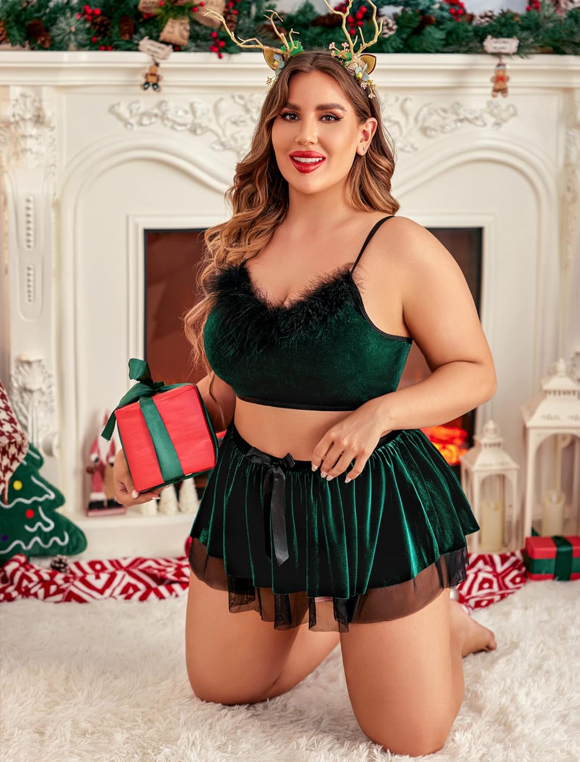 Avidlove Weihnachts-Babydoll in Übergröße, Samt, Weihnachtsmann-Cosplay-Kostümset 