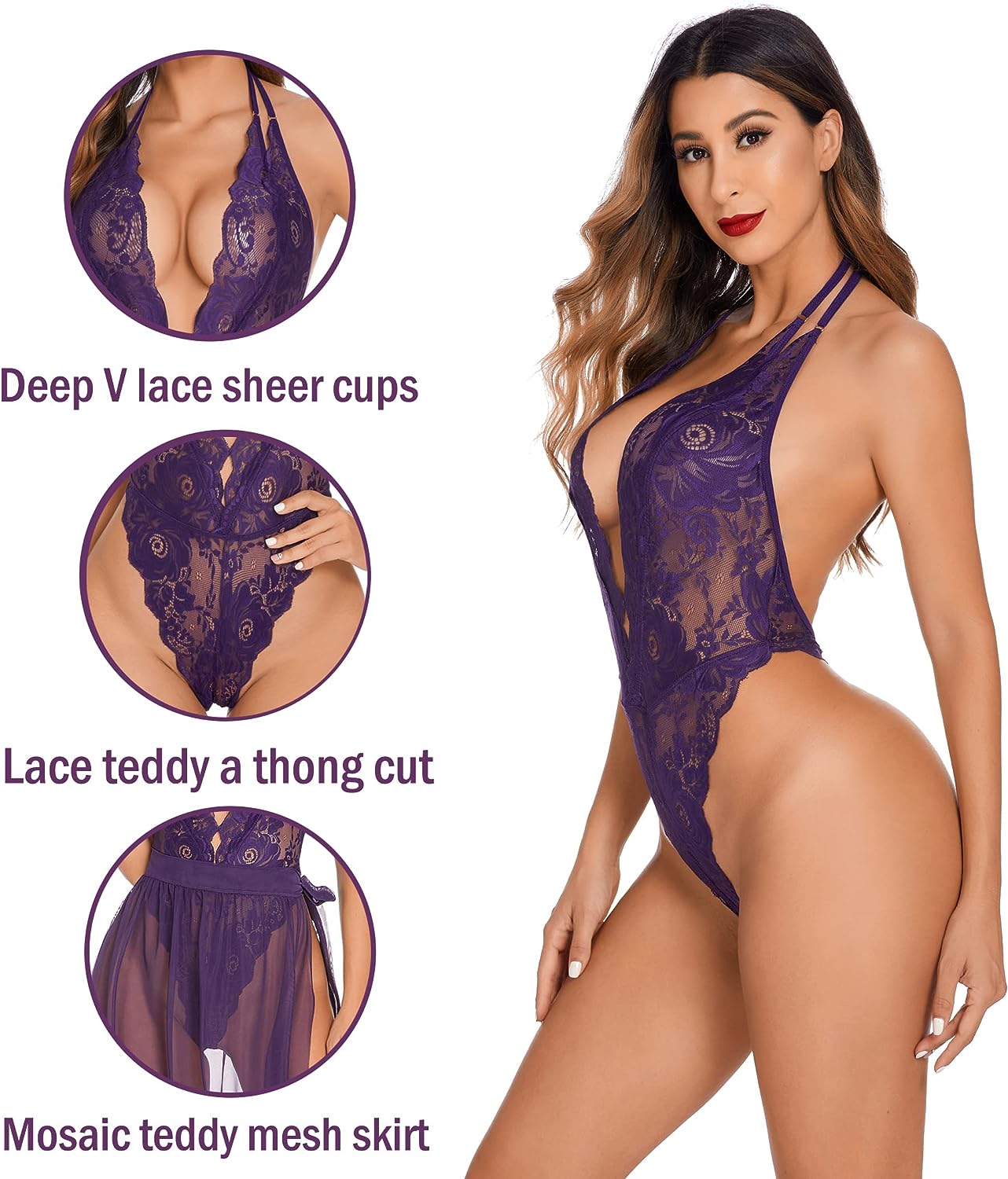 Avidlove Dessous-Nachthemden, tiefer V-Spitzen-Body, Mosaik-Spitze, Teddy-Netzrock 