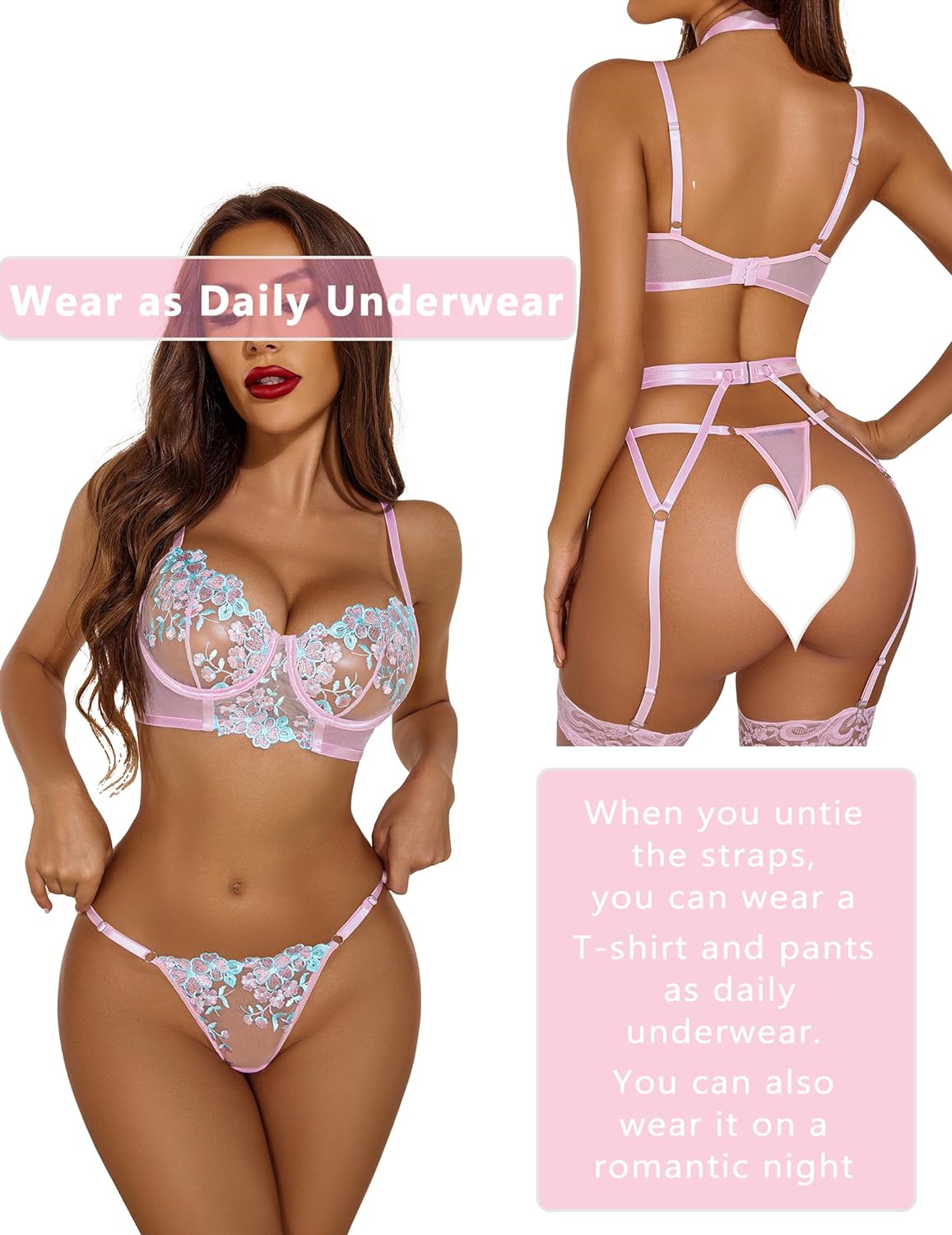 Avidlove Lingerie für bestickte Spitzen-Bügel-Riemchen-BH und Höschen-Set mit abnehmbarem Strumpfband 