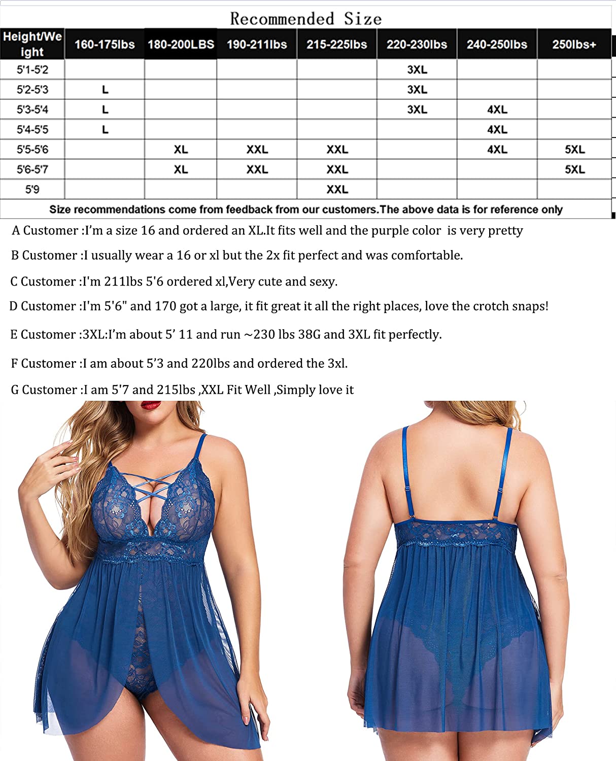 Avidlove Plus Size Babydoll Snap Crotch Lingerie V Neck Lace Nighty Sleepwear L-4XL