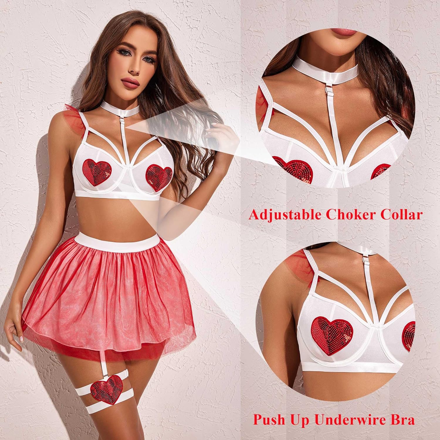 Avidlove Dessous-Set für Halloween-Amor-Kostüme, zweiteilige Push-Up-Dessous-Outfits mit Bügel 