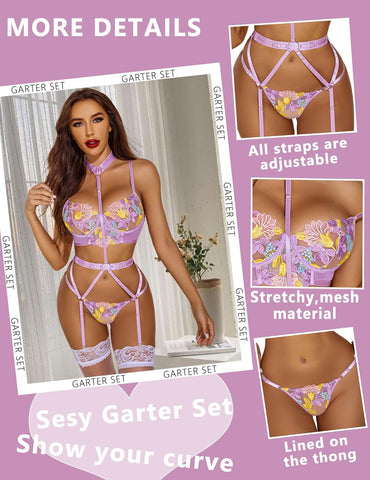 Avidlove Lingerie für bestickte Spitzen-Bügel-Riemchen-BH und Höschen-Set mit abnehmbarem Strumpfband 