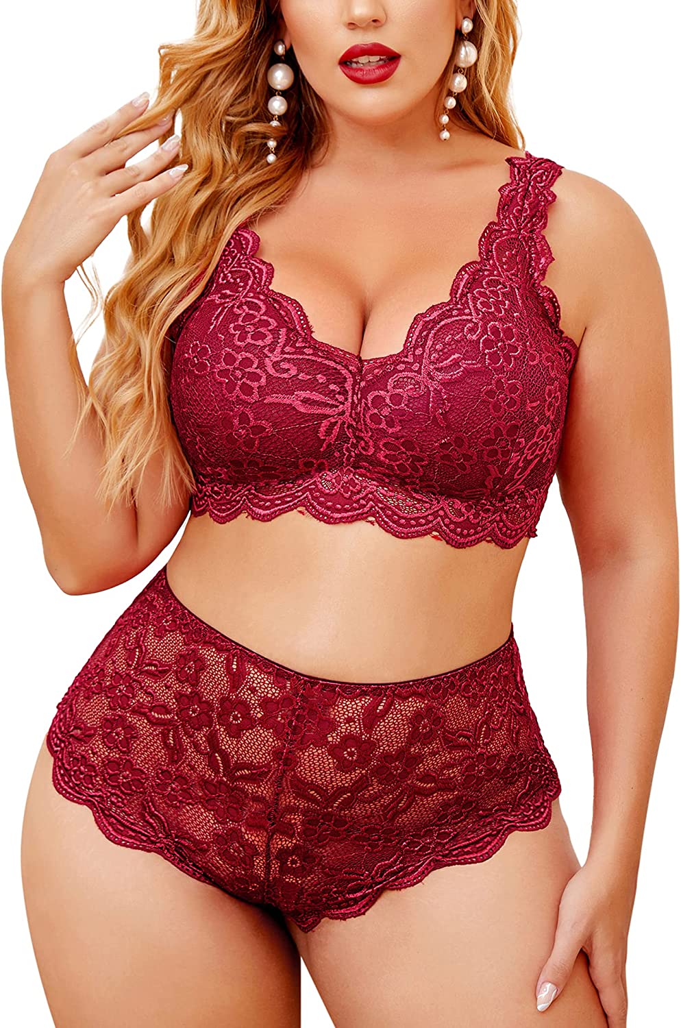 Conjunto de lencería de talla grande Avidlove con encaje, bralette con cuello halter y bragas de cintura alta 