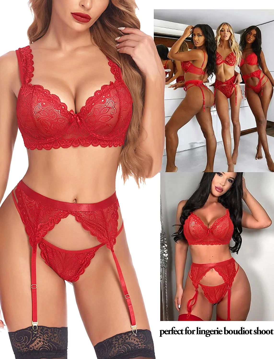 Conjunto de lencería con liga de encaje y aros push up de Avidlove (sin medias) 