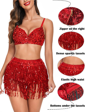 Falda con borlas y lentejuelas de Avidlove para danza del vientre, falda con cinturón para espectáculos de danza, falda para fiestas y fiestas para mujer