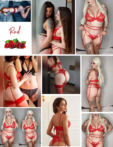 Avidlove Strumpfband-Dessous-Set, Wimpernspitze, Riemchen-BH und Höschen, 3-teiliges Boudoir-Outfit 