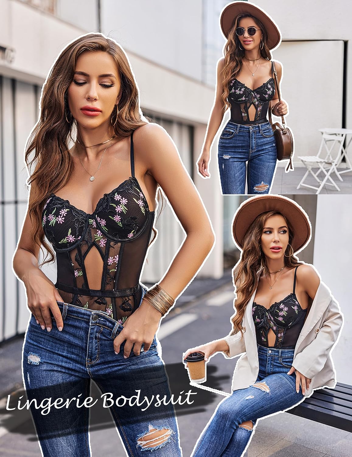 Avidlove Teddy-Dessous für florale Stickereien, Schnür-Bodysuit mit Strumpfgürtel und Bügel, Nachtwäsche