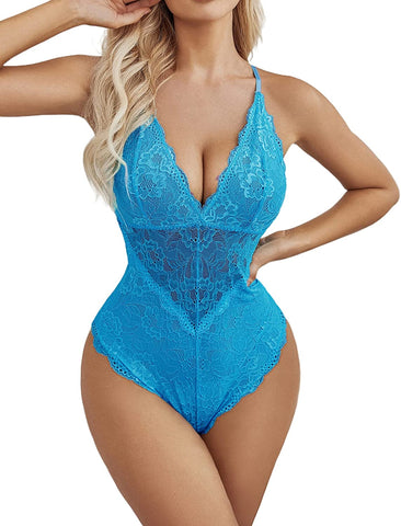 Avidlove Dessous mit Druckknopfverschluss im Schritt, Spitzen-Bodysuit, tiefer V-Ausschnitt, Teddy, einteilig, Spitzen-Babydoll 