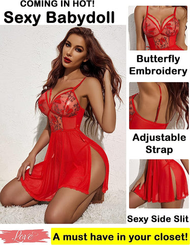 Avidlove Dessous Spitzenhemdchen Blumenstickerei Mesh Babydoll Seitenschlitz Nachtwäsche 