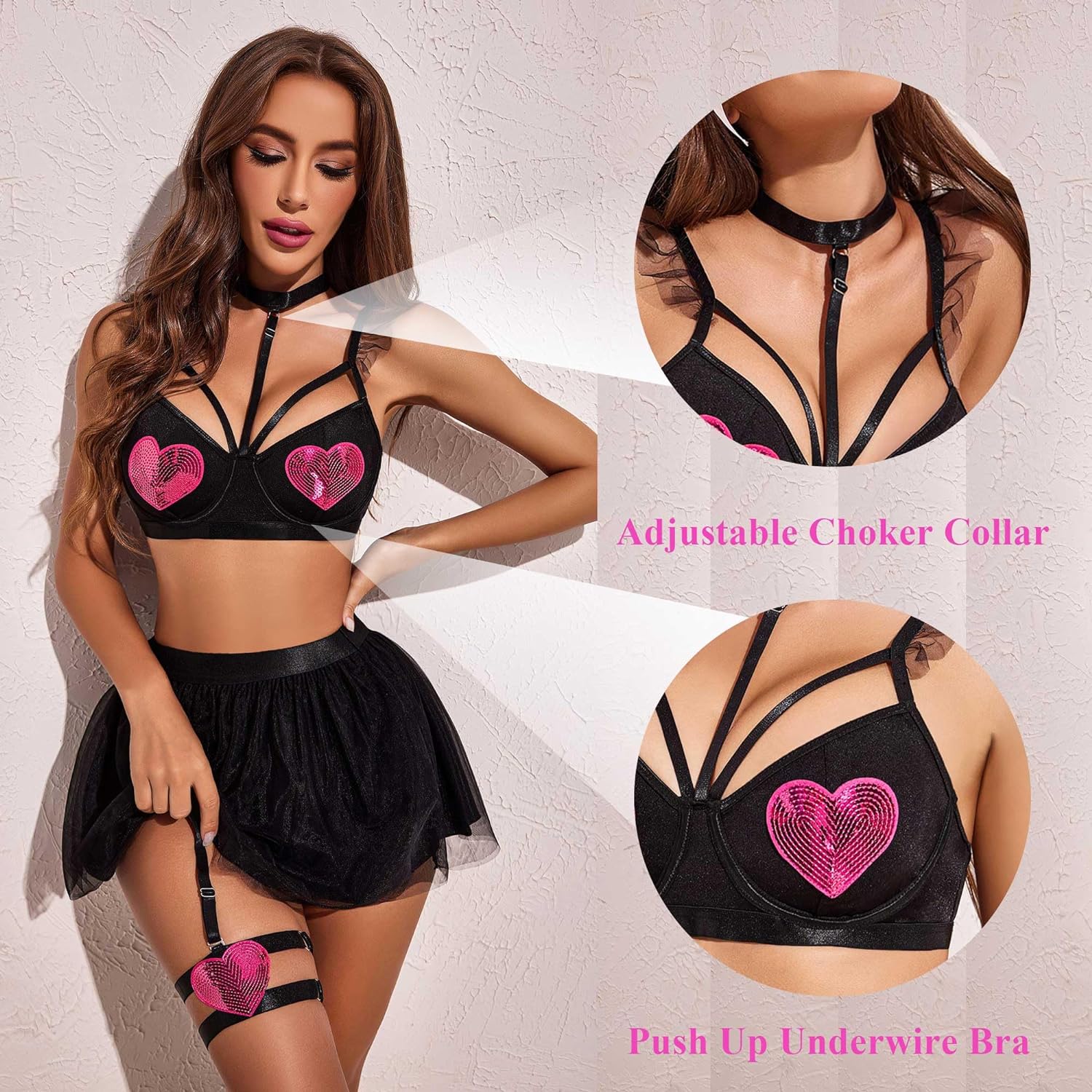 Avidlove Dessous-Set für Halloween-Amor-Kostüme, zweiteilige Push-Up-Dessous-Outfits mit Bügel 