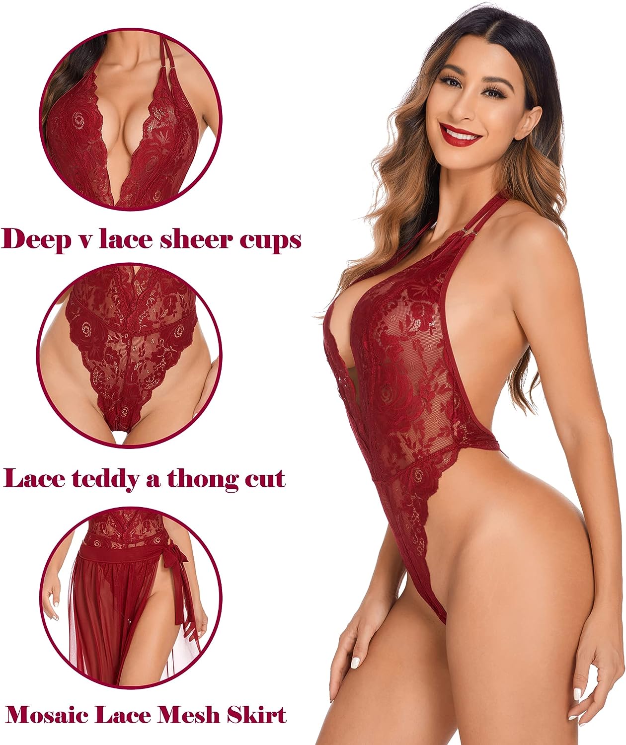 Avidlove Dessous-Nachthemden, tiefer V-Spitzen-Body, Mosaik-Spitze, Teddy-Netzrock 