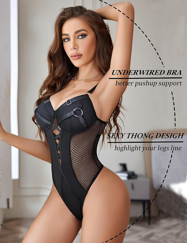 Avidlove Dessous-Body aus Netzstoff, Teddy, Bügel, Spitze, einteilig, Babydoll mit Druckknopf im Schritt, S-XXL 