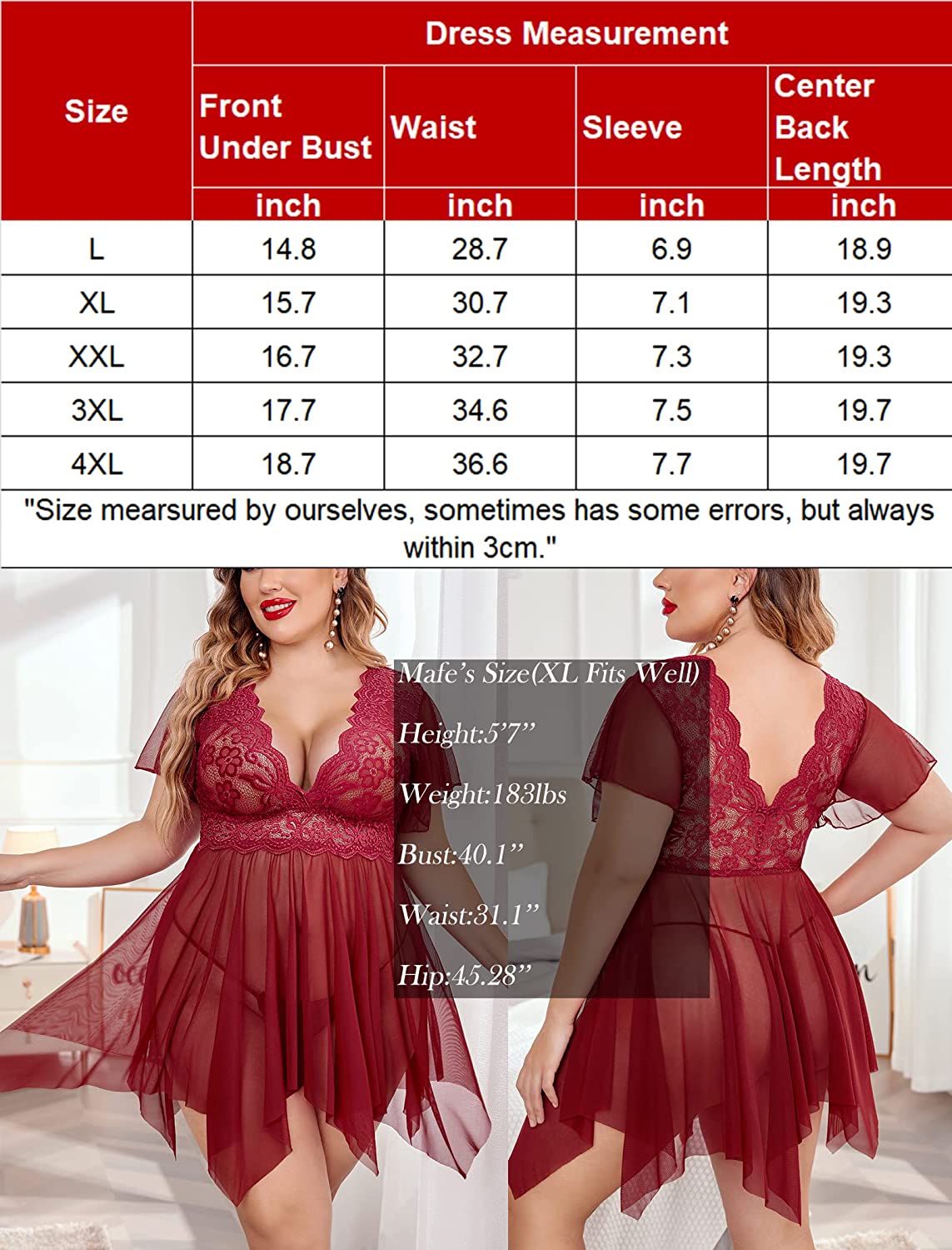 Avidlove Plus Size Babydoll Floral Lace Lingerie Deep V Nighty Mesh Sleepwear