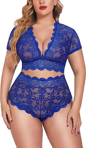 Avidlove Dessous in Übergröße, Plus-Size-Dessous-Set mit floraler Spitze und Muschelsaum, tiefer V-Ausschnitt, durchgehender Spitzen-BH und Höschen-Set, Clubwear 