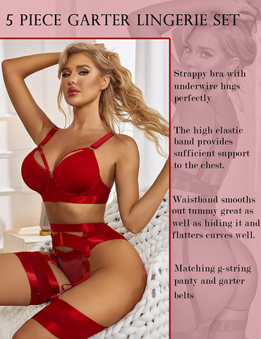 Avidlove Dessous-Set für mit Bügel Riemchen-Dessous Push Up 5-teiliges Dessous-Set mit Strumpfhalter 