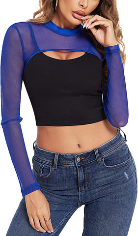 Avidlove Mesh-Crop-Tops für Rollkragen, langärmelig, bauchfreies Top, durchsichtiges Hemd, Top, Clubwear 