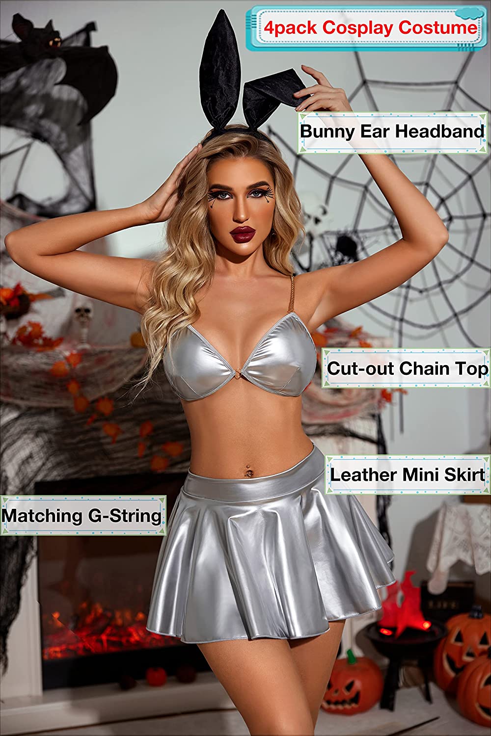 Avidlove Bunny Dessous Cosplay Kostüm Leder 4er-Pack Ring Kette verbunden Cut-out Halloween Outfit Set 